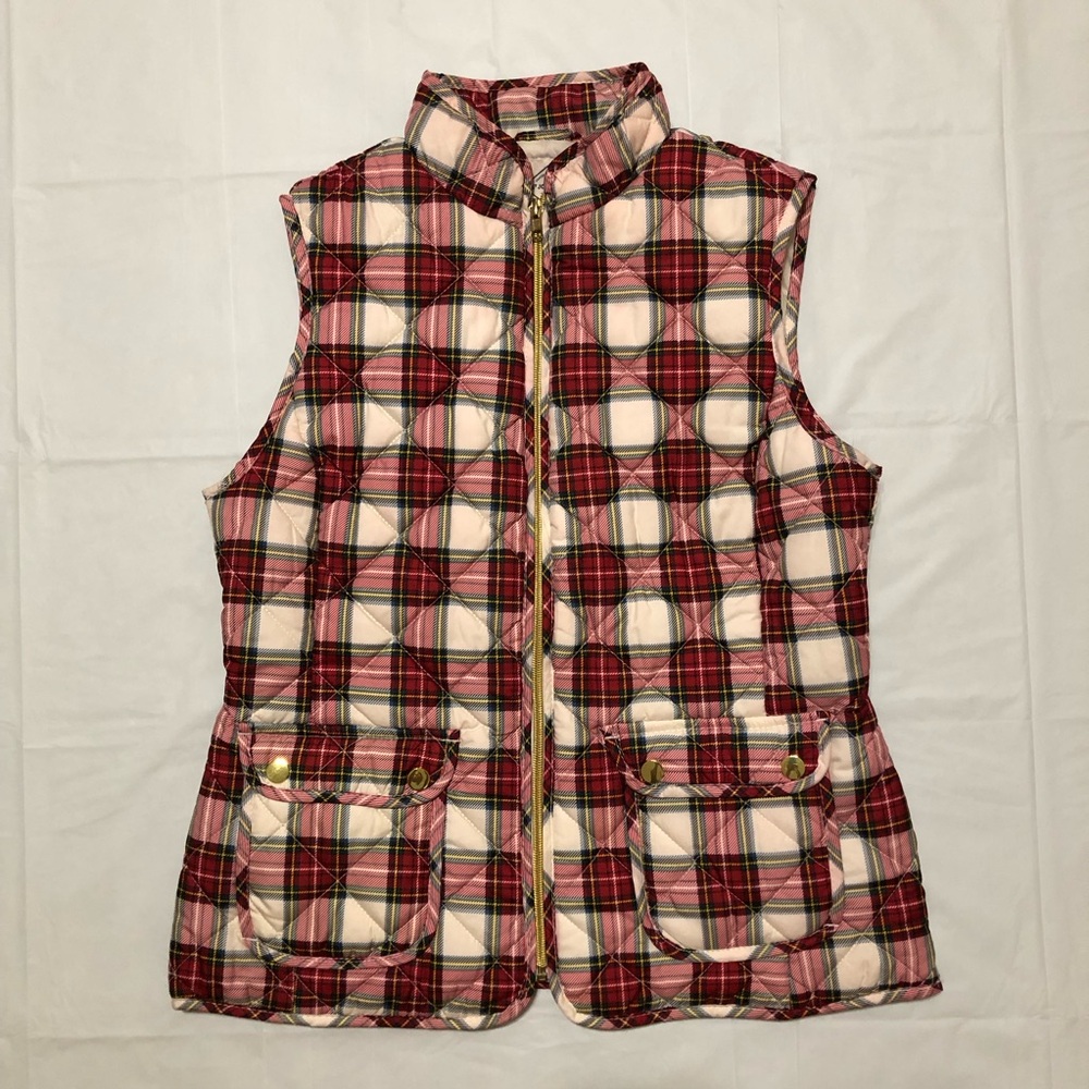 St. John’s Bay Women’s Full Zip Puffer Quilted Red & Ivory Tartan Plaid Vest S
